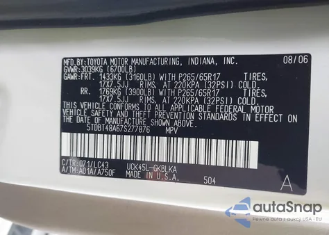 2007 Toyota Sequoia Limited V8 z USA, uszkodzony, nr VIN 5TDBT48A67S277876